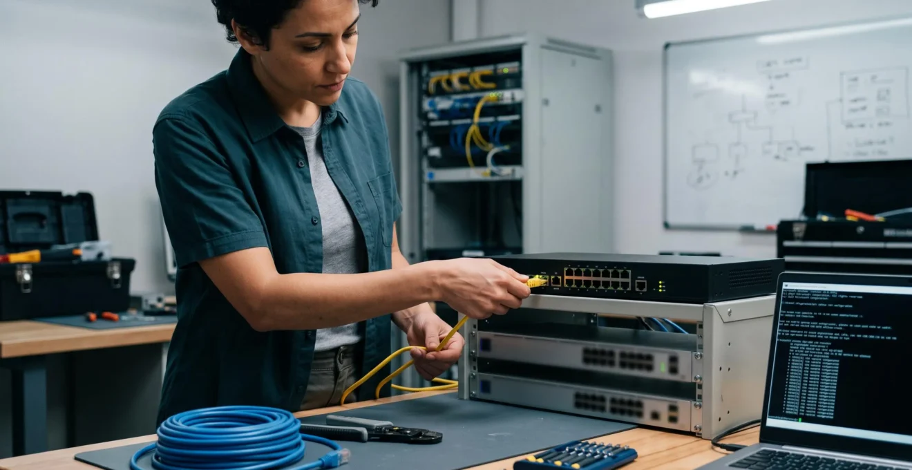 Un technicien réseau configure un équipement de sécurité réseau professionnel, connectant des câbles sur un routeur.