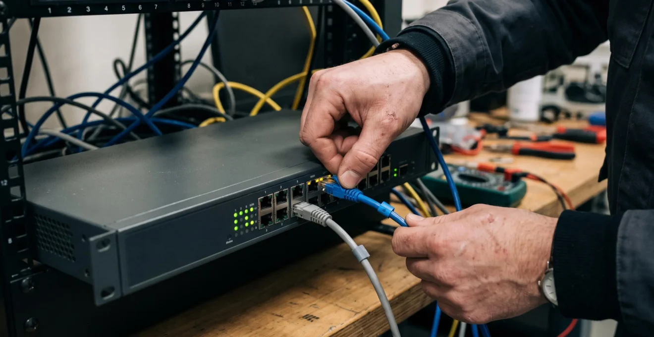 Un technicien réseau configure un équipement de sécurité réseau professionnel, connectant des câbles sur un routeur.