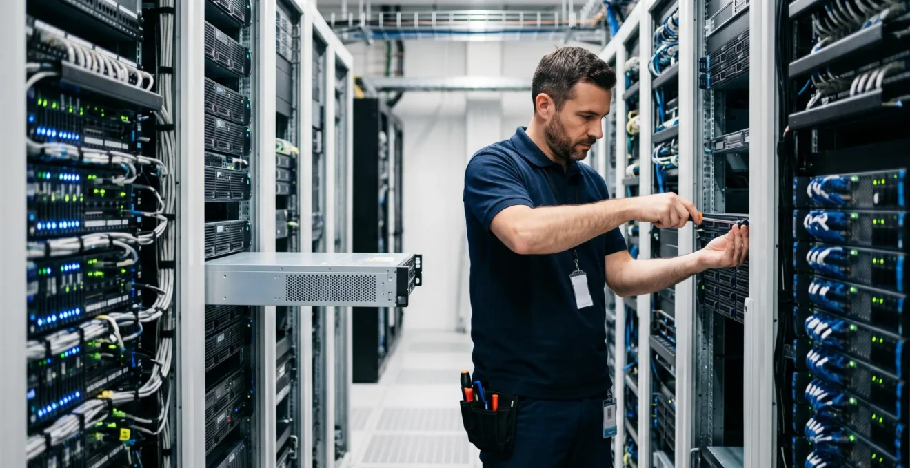 Un technicien IT intervient dans une salle serveurs moderne, manipulant des équipements réseau de sécurité sur un rack.