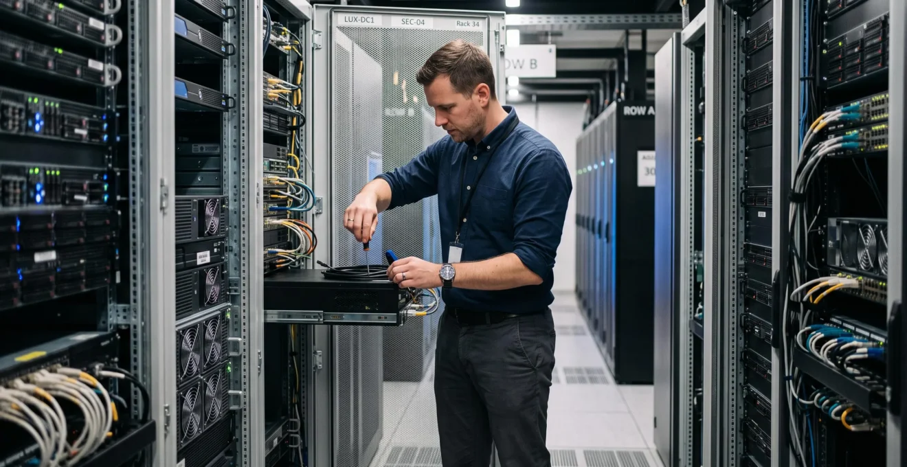 Un technicien IT intervient dans une salle serveurs moderne, manipulant des équipements réseau de sécurité sur un rack.