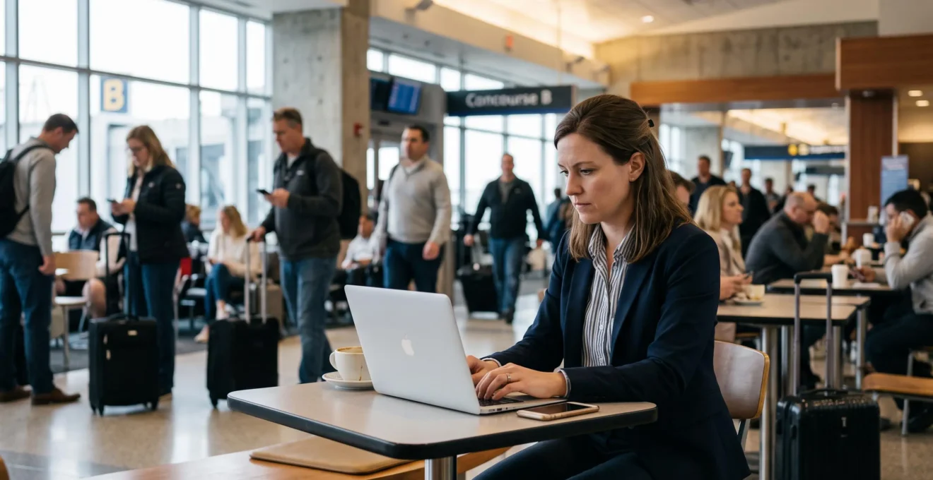 Un professionnel travaille sur son ordinateur portable dans un café, illustrant une situation de travail en mobilité dans un espace public.